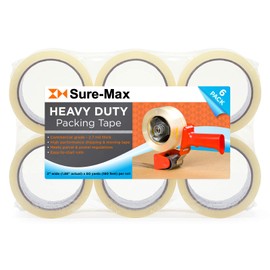Sure-Max 6 Rolls Heavy-Duty Shipping & Packing Tape (2" x 60 yard/180' Each) - Moving & Adhesive Carton Sealing - 2.7mil Clear
