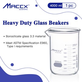 Maccx 170oz(4000ml) Sturdy Glass Beaker, Heavy-Duty Lab Beaker, 3.3 Borosilicate Low Form with Printed Graduation, HDBK4K0-001