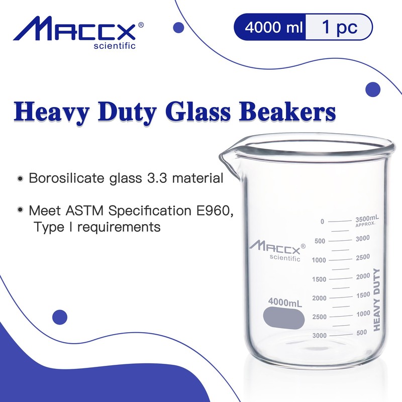 Maccx 170oz(4000ml) Sturdy Glass Beaker, Heavy-Duty Lab Beaker, 3.3 Borosilicate
