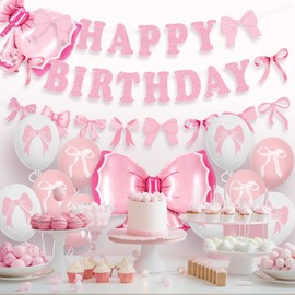 Pink Bow Birthday Party Decorations, Bow Happy Birthday Banner Pink Bow Balloons Bows Theme Decoration for Girl Bachelorette Coquette Birthday Baby Shower Supplies