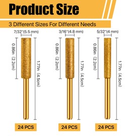 Lainballow 72 Pcs Diamond Chainsaw Sharpener Bits, 3 Size Chainsaw Sharpening Kit, High Hardness Grinding Stone, Titanium Plated Burr Stone File for Chain Saw Stone Jewelry Wood (5/32'',3/16'',7/32'')