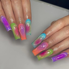 MISUD Press on Nails Long Square Fake Nails Glossy Glue on Nails Colorful Ombre Acrylic Nails Squoval Artificial Nails 3D Water Ripple Texture Stick on False Nails with Design 24 pcs