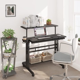 Mobile Standing Desk, Adjustable Rolling Computer Desk with 3 Desktops, Portable Laptop Table with Cup Holder, Home Office Laptop Workstation on Lockable Wheels, Black