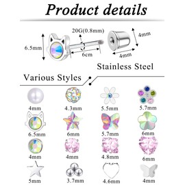 Tornito 16 Pairs Screw Back Earrings For Women Stainless Steel Stud Earrings Set Heart Flower Butterfly Star Square Cat Pearl Ball CZ Tiny Small Flat Screwback Cartilage Stud Earring Multicolored 20G