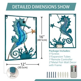 LIFFY Metal Wall Art Seahorse with Frame 13 LED lights,Beach Decor Fish Glass Sculpture Coastal Wall Hanging Ocean Theme Nautical Outdoor Decor for Patio,Garden,Yard,Pool,home gift(2pcs, Blue)