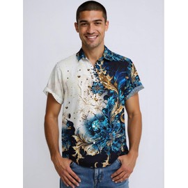 DRESSFO Couple Matching Hawaiian Outfits Abstract Print Sleeveless V Neck Spaghetti Strap Dress or Men's Roll Up Sleeve Shirts Outfit (Women/Deep Blue_1/L)