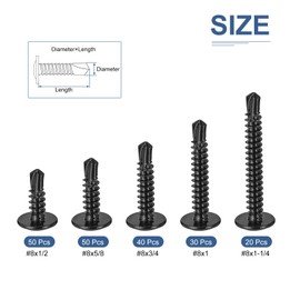 DTGN Wood Screws Assortment Kit - 190Pack - for Wood, Furniture - 5 Sizes 410 Stainless Steel #8 Phillips Truss Head Drill Tail Self Tapping Screws - Black