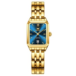 OLEVS Gold Watches for Women Square, Stainless Steel Bracelet Women's Watches Small Face Retro Waterproof Luminous Women's Watches with Date Easy to Read, 5616 blue face/gold bracelet, Bracelet