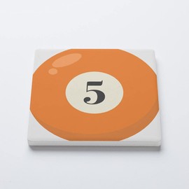 Absorbent Ceramic Drink Coaster with Cork Back, Artist Designed, 4”x4” Individual Square Coaster, Protects Tabletop, Great Housewarming Gift (Pool Billiard Ball 5)