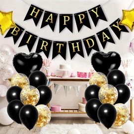 Ouceanwin 34th Birthday Decoration Set, Black Gold, 24 Pieces, Balloons, Banners, Confetti, Unisex Adult, Biodegradable