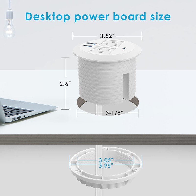 Jgstkcity 2-in-1 Desktop Power Grommet with USB-C Output, 125V, 12A,