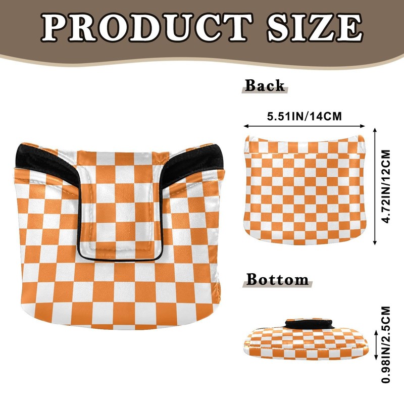 Checkered Plaid Orange Print Putter Cover PU Leather Magnetic Blade