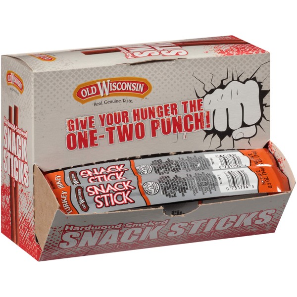 Old Wisconsin Turkey Sausage Snack Sticks, Naturally Smoked, Ready to Eat, High Protein, Low Carb, Keto, Gluten Free, Counter Box, 42 Individually Wrapped Sticks
