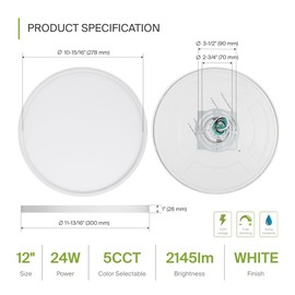 ASD LED 12 Inch Round Flush Mount Ceiling Light Fixture | 24W 1900LM 2700-6000K 120V | 5CCT, Dimmable, Ultra Slim, ETL Listed | Thin Flat Panel Lamp, Bedroom Low Profile Lighting | White
