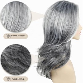 XIUFAXIRUSI XIUFAXIRUSI Pelucas onduladas largas en capas para mujer, peluca de cabello natural sintético, color gris plateado | Sliver mix Grey Color