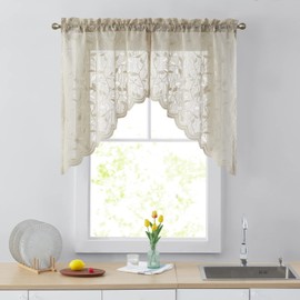 HLC.ME Joyce Semi Sheer Kitchen Swag Curtain Panels - Rod Pocket for Small Windows, Kitchen & Bathroom - 30 W x 36 L (Linen Taupe, Set of 2)