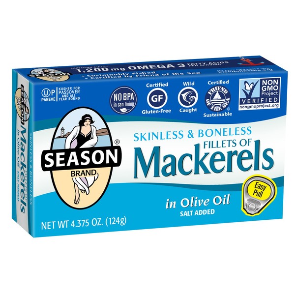 Season Mackerel in Olive Oil | Skinless & Boneless Fillets, Gluten Free, Keto, Paleo, Kosher, Omega-3 Fatty Acids, Sugar Free, Salt Added | Certified Wild Caught & Sustainable | 4.375 oz (Pack of 12)