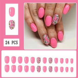 Rose Red Press on Nails Short Almond Fake Nails Spring Summer False Nails with White Floral Designs Glossy Daisy Flower Acrylic Full Cover Glue on Nails for Women Girls DIY Manicure Decoration 24Pcs