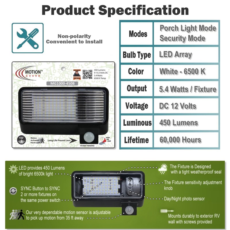 MOTION-GUARD MG1000-450B-RB RV LED Motion Sensor Porch Light, 450 Lumens,