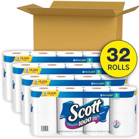 Scott 1000 Toilet Paper, 32 Regular Rolls, Septic-Safe, 1-Ply Toilet Tissue