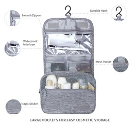 Lcsmaokin Large Capacity Toiletry Bag Travel Bag with Hanging Hook for Men and Women Waterproof Travel Cosmetic Bag Bathroom Storage Bag for Brushes Set,Mens Bathroom Bag Accessories-Grey