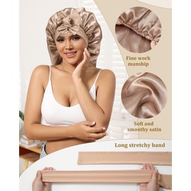 AWAYTR Long Hair Bonnet for Sleeping - Mask and Hair Scunchies Set Stain Womens Bonnet with Elastic Tie Band(Champagne)