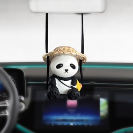 Car Swing Ornament Car Decoration Mirror Hanging Straw Hat Panda Car Interior Accessories for Car Rear View Mirror Gardening Hanging