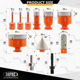 BGTEC Diamond Core Drill Bits-11PCS 5/8-11 Thread Tile Hole Saw 6/6/8/19/35/50/65mm+50mm Beveling Chamfer Bit+20mm Finger Bit+SDS/HEX Adapter for Pocelian Tile Ceramic Marble Granite Stoneware