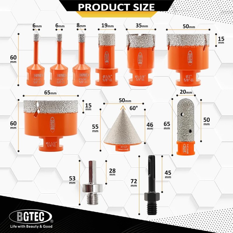 BGTEC Diamond Core Drill Bits-11PCS 5/8-11 Thread Tile Hole Saw