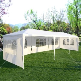 Tangkula 10'x30' Outdoor Canopy Tent Heavy Duty Party Wedding Event Tent Sturdy Steel Frame with 5 Removable Sidewalls Waterproof Sun Snow Rain Shelter Gazebo Canopy Tent, White