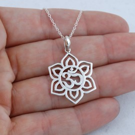 FashionJunkie4Life Sterling Silver Lotus Flower with OM Symbol Pendant Necklace, 18" Chain