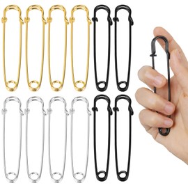 12Pcs Extra Large Safety Pins Heavy Duty 4" Stainless Steel Crafting Big Safety Pins for Clothes Giant Safety Pin for Clothing Quilting Blankets Upholstery Laundry and Craft (4Gold/4Black/4Silvery)