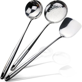Wok Spatula and Ladle,Skimmer Slotted Spoon Set - Mirror Polished Asian Wok Cooking Tools - 18/10 Stainless Steel Wide Wok Spatula - Wok Utensils Set Professional