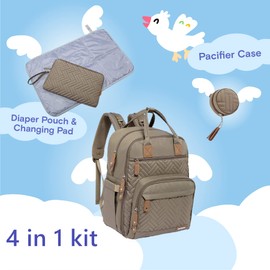 iniuniu Diaper Bag Backpack, Large Unisex Baby Bags for Boys Girls, Waterproof Travel Back Pack with Diaper Pouch, Washable Changing Pad, Pacifier Case and Stroller Straps, Khaki