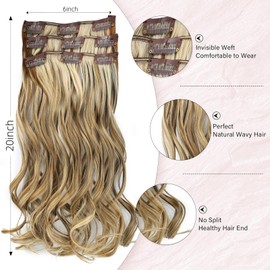 Vlasy Hair Extensions Clip in,3PCS Wavy Clip in Hair Extensions,20 Inches Long Hair Clip in Extensions,Synthetic Clip on Hair Extensions Hairpiece Full Head for Women Girls(10/613#)