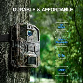 WOLFANG Wildlife Camera 64MP 4K HD, WiFi Bluetooth Trail Camera, Hunting Camera with Night Vision Motion Activated, IP66 Waterproof, 0.1s Trigger Time for Wildlife Recording、Indoor Monitoring