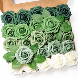 Jdsour 25pcs Artificial Flower，Real Looking Foam Roses w/Stem for DIY Wedding Bouquets Centerpieces Bridal Shower Party Decor-Shades of Army Green
