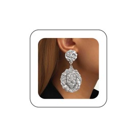 Inilbran Boho Lion Dangle Earrings Vintage Textured Lion Earrings Gold Lion Coin Drop Earrings Punk Hammered Disc Stud Earrings Jewellery for Women, Zinc, No Gemstone