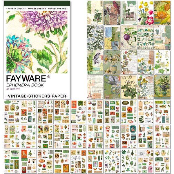 FAYWARE Washi Vintage Stickers for Scrapbooking - Ephemera Sticker Book for Journaling with 453 Botanical Stickers and 20 Scrapbook Papers. Ephemera for Junk Journals, Journaling Supplies for Adults