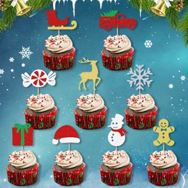 UXYOKM 18Pcs Christmas Cupcake Toppers Glitter Christmas Hat Tree Candy Snowflake Snowman Deer Sled Gift Cupcake Picks Merry Christmas Theme Happy New Year Holiday Party Decorations Supplies