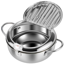3 Sizes Deep Fryer Pot,Janpanese Style Tempura Frying Pot with Strainer Basket and Thermometer,Stainless Steel Deep Frying Pot with Handle,Deep Frying Oil Container for Frying Fish Shrimp Chicken