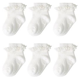 DRESHOW 6 Pairs Infant Ruffle Lace Socks Baby Girl Socks Non-Slip Simple Ruffled Baby Socks Newborn Ankle Dress Christening Socks, 6 pairs anti slip socks: 16-02
