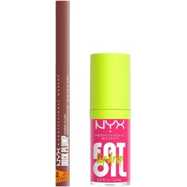 NYX Professional Makeup, Lip Combo Jugoso: Fat Oil Gloss Tono Missed Call +Duck Plump Delineador de Labios Tono Nude Flip. Fórmulas veganas