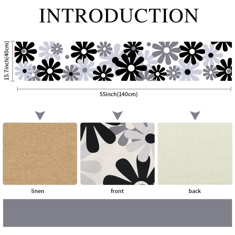 Black Grey Table Runner Modern Floral Table Runner Outdoor Table