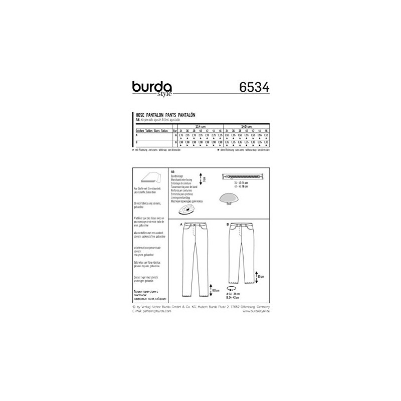 Burda 6534 Schnittmuster Jeans (Damen, Gr. 34-46) Level 3 mittel