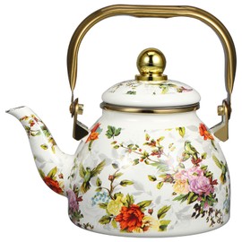 MAGICLULU Enamel Tea Kettle for Stovetop 1L Vintage Floral Teakettle Enamel on Steel Teapot with Handle Porcelain Enameled Teakettle with Strainer for Water (Random Pattern)