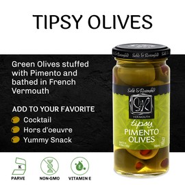 Sable & Rosenfeld Tipsy Olives - Green Olives Stuffed with Pimento - Colossal Cocktail Olives with French Vermouth for Bloody Mary Condiments, Martini Stuffed Olives - 4.94 oz (Pack 1)