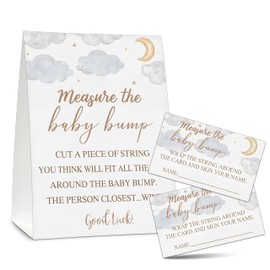 Measure the Baby Bump Baby Shower Game Set, 1 Standing Sign with 50 Guessing Cards, Over the Moon Gender Reveal Party Decorations Supplies - B33