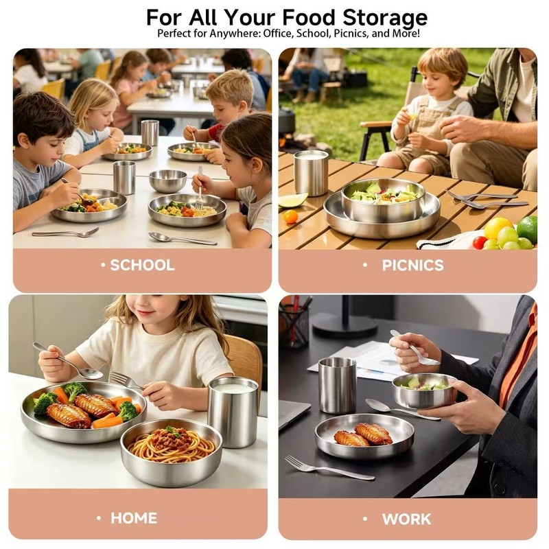 6-Piece Kids Dinnerware Set, Non-Toxic Food-Grade Stainless Steel Plates and