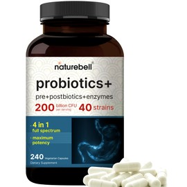 NatureBell Probiotic 200 Billion CFU – 40 Strains Per Serving | 240 Veggie Capsules with Prebiotics and Probiotics – Full Spectrum Complex with Enzymes – Daily Probiotics for Women & Men